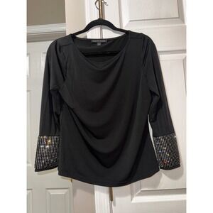 Boston Proper Black Embellished Cuff Long Sleeve Top Party Blouse